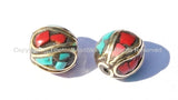 Tibetan Beads - 2 Beads - Round Brass Beads with Turquoise & Coral Inlays - B215-2