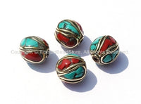 Tibetan Beads - 4 Beads - Round Brass Beads with Turquoise & Coral Inlays - B215-4