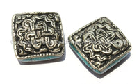 2 Beads - Large Tibetan Repousse Tibetan Silver Endless Knot Beads with Turquoise Side Inlays- Big Square Diamond Shape Focal Beads- B2255-2