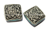 2 Beads - Large Tibetan Repousse Tibetan Silver Endless Knot Beads with Turquoise Side Inlays- Big Square Diamond Shape Focal Beads- B2255-2