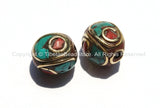 2 beads - Tibetan Oval Beads with Brass, Turquoise & Coral Inlays - B2363