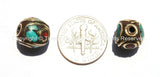 2 beads - Tibetan Oval Beads with Brass, Turquoise & Coral Inlays - B2363