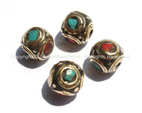 4 beads - Tibetan Cube Beads with Brass, Turquoise & Coral Inlays - Tibetan Beads - B2372-4