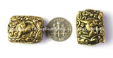 4 BEADS - Ethnic Tibetan Reversible Repousse Hand Carved Box Shaped Brass Beads with Animal Details - Tibetan Beads -B2418-4