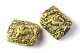 4 BEADS - Ethnic Tibetan Reversible Repousse Hand Carved Box Shaped Brass Beads with Animal Details - Tibetan Beads -B2418-4