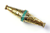 Long Repousse Brass Floral Bicone Tibetan Bead with Turquoise Inlay - 1 Bead - Unique Ethnic Tibetan Beads - B2425