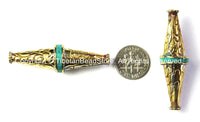 Long Repousse Brass Floral Bicone Tibetan Bead with Turquoise Inlay - 1 Bead - Unique Ethnic Tibetan Beads - B2425
