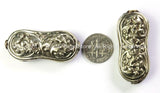 2 BEADS - Repousse Carved Floral Design Curved Unique Shape Focal Pendant Tibetan Beads - Ethnic Tribal Nepalese Tibetan Beads - B2468-2