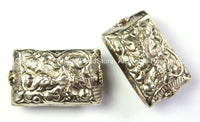 2 BEADS - Reversible Tibetan Repousse Carved Rectangular Focal Beads with Deer & Phoenix Bird Details - Tibetan Beads - B2474B-2