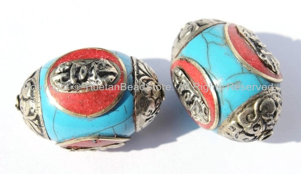 2 BEADS - Large Tibetan Blue Resin Bead with Tibetan Silver Caps & Auspicious Conch, Red Copal Inlays - LARGE Ethnic Focal Bead - B2512-2