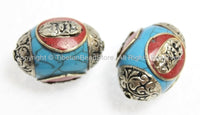 2 BEADS - Large Tibetan Blue Resin Bead with Tibetan Silver Caps & Auspicious Conch, Red Copal Inlays - LARGE Ethnic Focal Bead - B2512-2