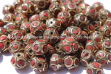 10 BEADS - Tibetan Sphere Ball Shape Beads with Brass, Coral Inlays - Soccer Sphere Ball Shape Ethnic Tibetan Beads - B2578-10