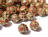 2 BEADS - Tibetan Sphere Beads with Brass, Coral Inlays - Soccer Sphere Ball Shape Ethnic Tibetan Beads - B2578-2