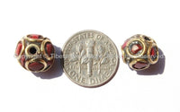 2 BEADS - Tibetan Sphere Beads with Brass, Coral Inlays - Soccer Sphere Ball Shape Ethnic Tibetan Beads - B2578-2