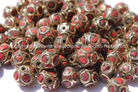 2 BEADS - Tibetan Sphere Beads with Brass, Coral Inlays - Soccer Sphere Ball Shape Ethnic Tibetan Beads - B2578-2