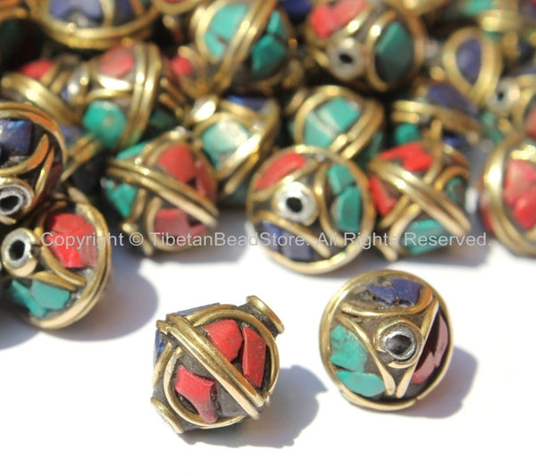 2 BEADS - Bicone Tibetan Beads with Brass, Lapis, Turquoise & Coral Inlays - Handmade Beads - Ethnic Tribal Tibetan Beads - B2579-2 - TibetanBeadStore