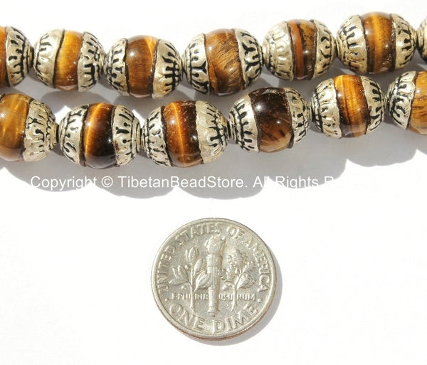 4 BEADS - Tibetan Tigers Eye Beads with Tibetan Silver Caps - Ethnic Tribal Nepalese Tibetan Beads - B2726-4