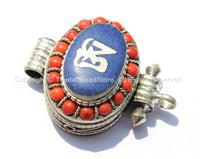 Tibetan OM Mantra Ghau Prayer Box Amulet Pendant with Lapis & Coral Inlays - Om Jewelry - Om Amulet Box Tibetan Pendant - WM6052