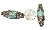 1 bead - Turquoise Bead with Tibetan Silver Caps - Handmade Tibetan Beads - Ethnic Beads - B779-1