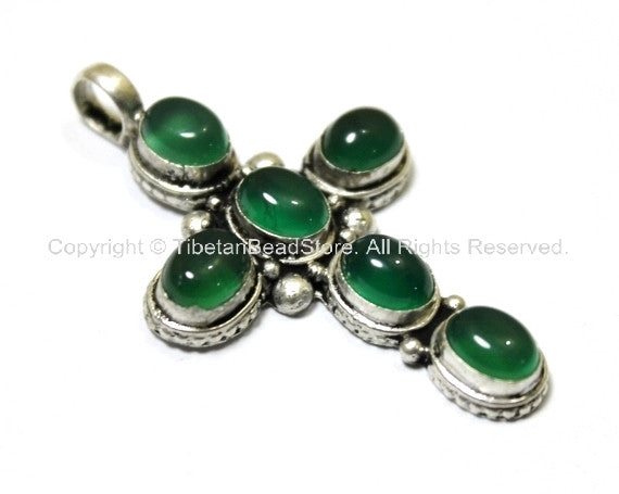 Tibetan Cross pendant with Green Onyx Inlays - Handmade Artisan Tibetan Jewelry - Cross Pendant - WM245