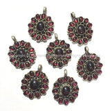 Nepalese Floral Pendant with Deep Red Onyx Garnet Inlay - Ethnic Nepal Tibetan Pendant - Tibetan Jewelry - WM12
