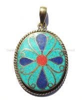 Ethnic Tibetan Oval Brass Floral Pendant with Brass, Lapis, Turquoise & Coral Inlays - Ethnic Jewelry - Tibetan Pendant - WM5141T