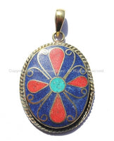 Ethnic Tibetan Oval Brass Floral Pendant with Brass, Lapis, Turquoise & Coral Inlays - Ethnic Jewelry - Tibetan Pendant - WM5141L