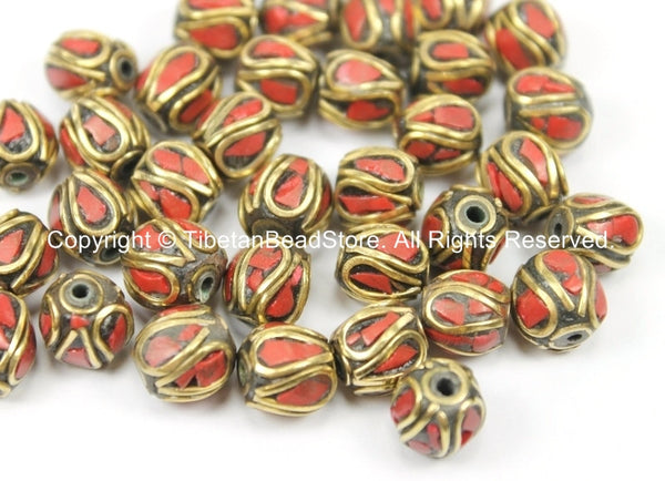 4 BEADS Tibetan Beads with Brass, Coral Inlays - TibetanBeadStore - Handmade Brass Inlay Beads - Tibetan Beads Jewelry Supply -  B2749-4