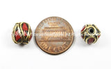 2 BEADS Tibetan Beads with Brass, Coral Inlays - TibetanBeadStore - Handmade Brass Inlay Beads - Tibetan Beads Jewelry Supply -  B2749-2