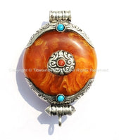 Medium Ethnic Tibetan Amber Copal Ghau Amulet Pendant with Tibetan Silver Caps, Turquoise, Coral Inlay - Handmade Tibetan Pendant - WM1705-M
