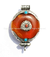 Medium Ethnic Tibetan Amber Copal Ghau Amulet Pendant with Tibetan Silver Caps, Turquoise, Coral Inlay - Handmade Tibetan Pendant - WM1705-M