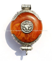 Medium Ethnic Tibetan Amber Copal Ghau Amulet Pendant with Tibetan Silver Caps, Turquoise, Coral Inlay - Handmade Tibetan Pendant - WM1705-M