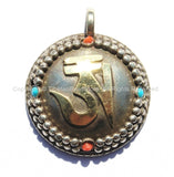 Ethnic Tibetan OM Mantra Pendant with Studded Border & Brass, Turquoise, Coral Inlays - Tibetan Om Pendant - Tibetan Om Amulet - WM5168M