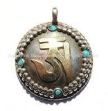 Ethnic Tibetan OM Mantra Pendant with Studded Border, Brass OM Lettering & Turquoise Inlays - Tibetan Om Pendant - WM5168T