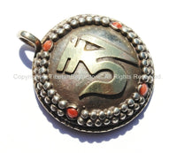 Ethnic Tibetan OM Mantra Pendant with Studded Border, Brass OM Lettering & Coral Inlays - Tibetan Om Pendant - WM5168C
