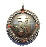 Ethnic Tibetan OM Mantra Pendant with Studded Border, Brass OM Lettering & Coral Inlays - Tibetan Om Pendant - WM5168C