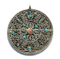 Ethnic Tibetan Filigree Double Vajra Pendant with Colored Bead Inlays - Ethnic Nepal Tibetan Handmade Jewelry - WM4574