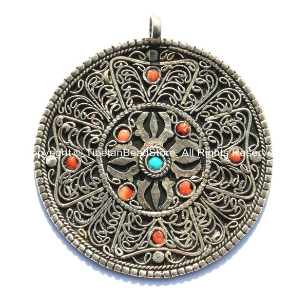 Ethnic Tibetan Filigree Double Vajra Pendant with Colored Bead Inlays - Ethnic Nepal Tibetan Handmade Jewelry - WM4573