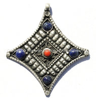 Tibetan Antiqued Diamond-Shaped Pendant with Coral & Lapis Inlays - Ethnic Nepal Tibetan Pendants Jewelry - TibetanBeadStore - WM141