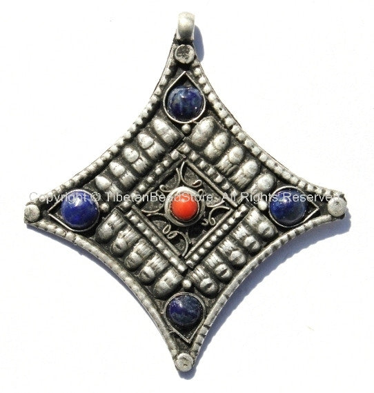 Tibetan Antiqued Diamond-Shaped Pendant with Coral & Lapis Inlays - Ethnic Nepal Tibetan Pendants Jewelry - TibetanBeadStore - WM141