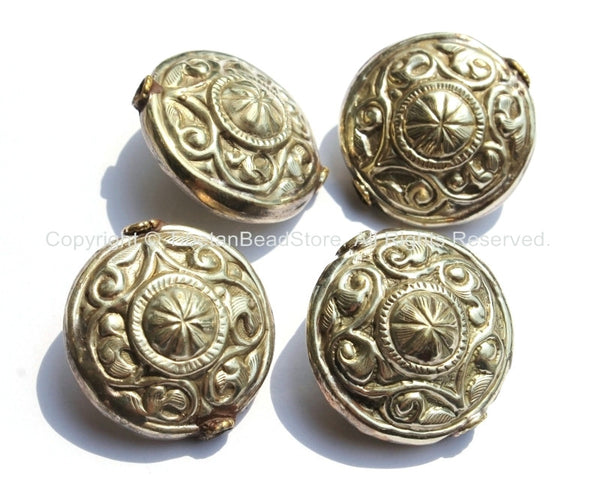 4 BEADS - Large Repousse Carved Floral Design Disc Shape Focal Pendant Tibetan Beads - Ethnic Nepal Tibetan Silver Beads - B2455-4