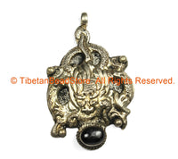 Ethnic Tribal Antique Look Repousse Tibetan Dragon Pendant with Onyx Inlay - TibetanBeadStore - Handmade - Unisex Jewelry - WM7235