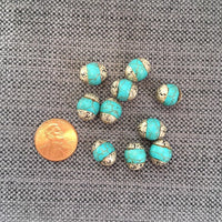 4 BEADS Tibetan Turquoise Beads with Repousse Tibetan Silver Caps - Blue Howlite Turquoise Beads - Tibetan Beads Beading - B3460-4