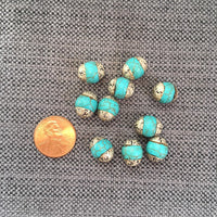 2 BEADS Tibetan Turquoise Beads with Repousse Tibetan Silver Caps - Blue Howlite Turquoise Beads - Tibetan Beads Beading - B3460-2