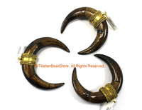 Brown Bone Tibetan Design U-Shaped Crescent Horn Pendant with Gold Toned Brass - Boho Tibetan Crescent Shape Bone Horn Pendant - WM7300