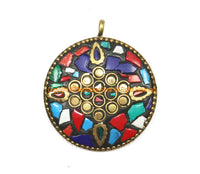 Ethnic Tibetan Floral Pendant with Brass, Mosaic Howlite Inlays - Multi-colored Mosaic Inlaid Round Tibetan Pendant Jewelry- WM7341