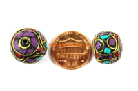 1 BEAD Thick Tibetan Floral Beads with Purple Howlite, Turquoise, Coral Inlays Roundelle Rondelle - Ethnic Nepal Tibetan Beads - B3341-1