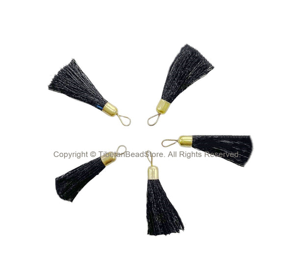 5 TASSELS Black Tassels with Gold Toned Brass Caps - Quality Tassels Boho Mala Tassels Earring Tassels - Craft Tassels - T217-5