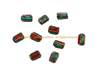 10 BEADS - Handmade Ethnic Nepal Tibetan Beads with Brass, Turquoise, Coral Inlays - B3527-10