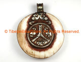 Ethnic Antiqued Look Tribal Tibetan Naga Conch Shell Pendant with Repousse Tibetan Silver Elephant & Peace Sign Details - WM7264